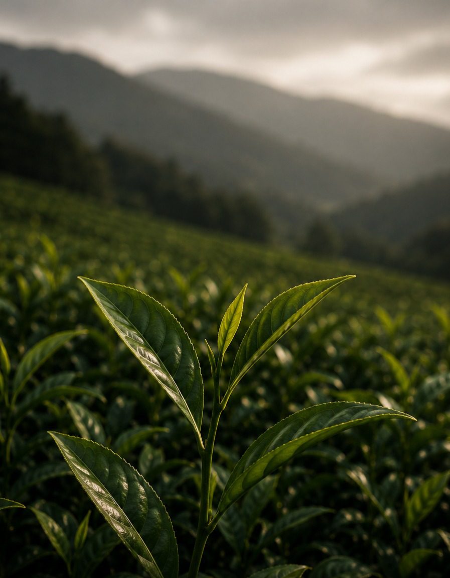 Tea fields in Japan under morning mist